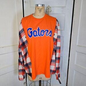 Upcycled Fl Gators orange tshirt orange‎ blue plaid flannel OS